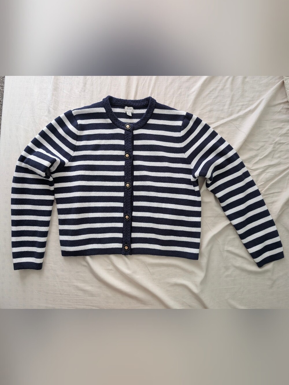 J. Crew Navy & White Striped Nautical Crewneck Cardigan Sweater Women’s size L
